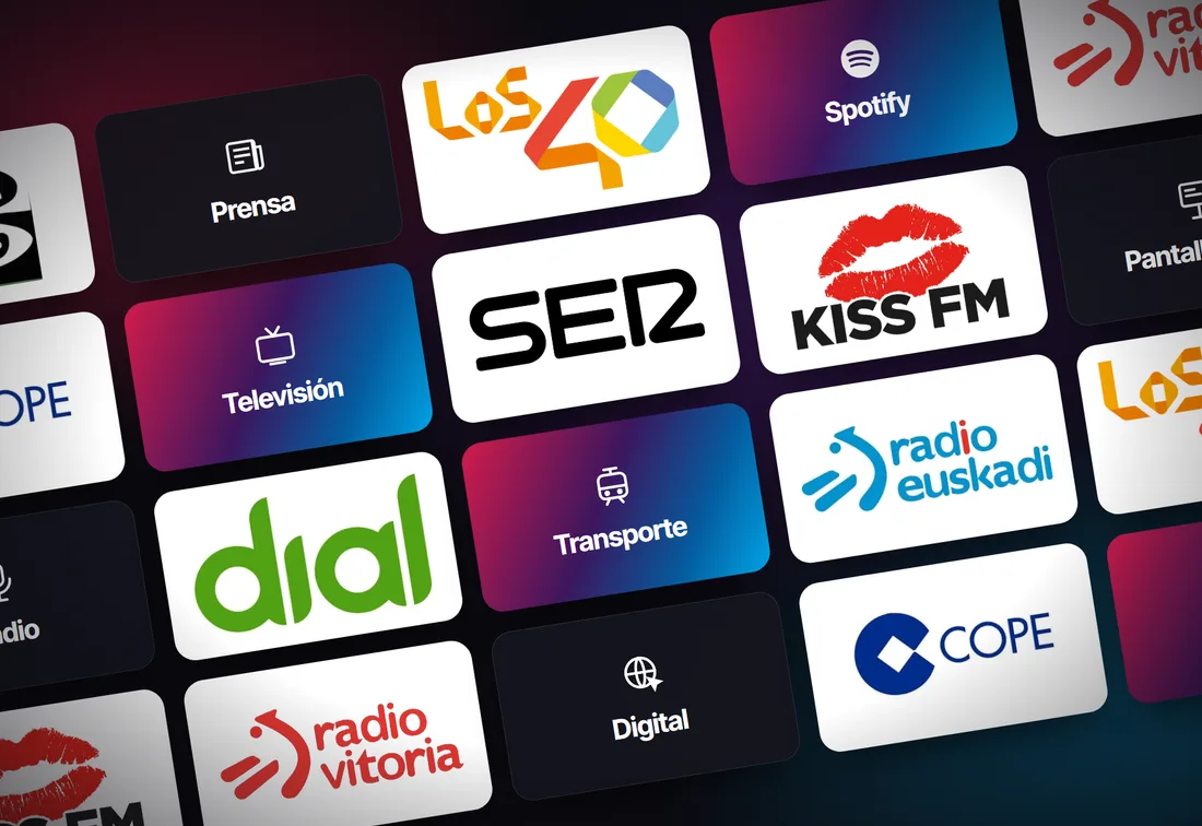 Collage de los medios con los que trabajamos: SER, Los 40, Dial, Kiss FM, Radio Vitoria, COPE, Radio Euskadi, Onda Cero, prensa, televisión y Spotify